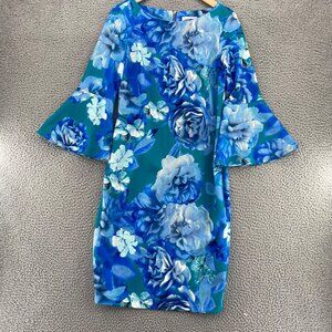 Calvin Klein Dress Womens 8 Blue Floral Shift 3/4 Bell Sleeve Career Knee Length